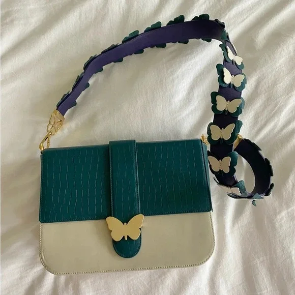 Elizabeth Sutton Leather Bag Multicolor Cream & Forest with 3D Butterfly Strap